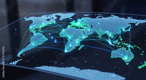 Visualize global connections with this modern world map highlighting network routes and vibrant data points for business and technology presentations