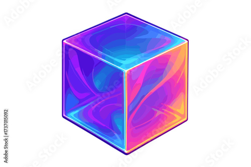 Neon holographic cube with vibrant gradient colors. Abstract 3D illustration showing light refraction. Futuristic glass prism icon for science or technology. Isolated geometric element.