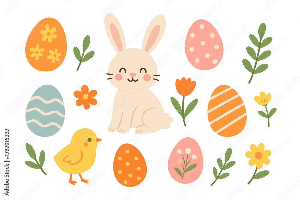 Obraz premium Cute Easter elements collection. Vector flat hand drawn illustration set with rabbit, chick, decorated eggs, and spring flowers. Holiday design pack for greeting cards.