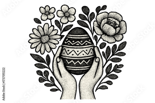 Hands holding a decorated Easter egg with flowers. Vintage folk art vector illustration. Black and white linocut style graphic for spring holiday celebration, card or poster.