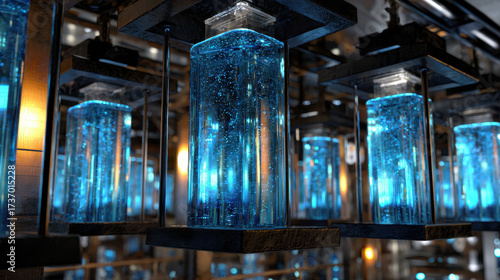 Captivating display of synthetic life creation is showcased through glowing blue liquid filled containers, illuminating futuristic environment
