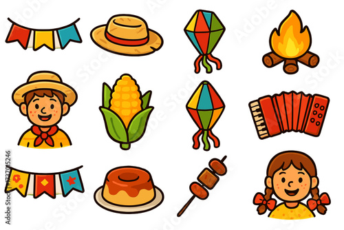 Festa Junina icon set for Brazilian June party celebration. Vector cartoon illustration of festival symbols like bonfire, corn, accordion, lantern, and traditional Brazil food.