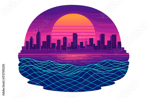 Retro futuristic 80s style synthwave city landscape with a sunset and skyscrapers. Digital cyber grid sea surface. Vaporwave aesthetic background for cover or poster.