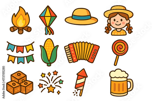 Festa Junina icon set. Brazilian June Party cartoon symbols. Vector collection for São João festival with bonfire, corn, accordion, caipira girl, hat, and fireworks.