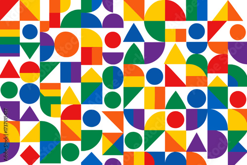 Geometric tile seamless pattern with rainbow colors. Abstract vector background for Pride Month. LGBTQ+ community support symbol with colorful shapes, circles and triangles.