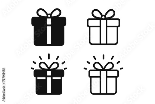 Gift box icon set in flat and linear styles. Present symbol collection for Christmas, birthday, or sales promotion. Surprise gift vector illustration with shine effect. Bonus concept.