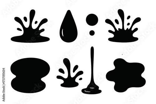 Black liquid splash and drop set. Vector ink or paint splatter collection. Messy dripping blob and blot silhouettes. Graphic design elements for creative projects. Isolated shapes.