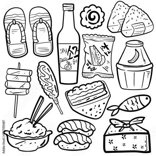 hand drawn Japanese culture clean black and white outline perfect for a coloring book or cultural design projects. icons like Fuji, lucky cat, Onigiri, Taiyaki , Kokeshi doll, bell, and a tea bowl.