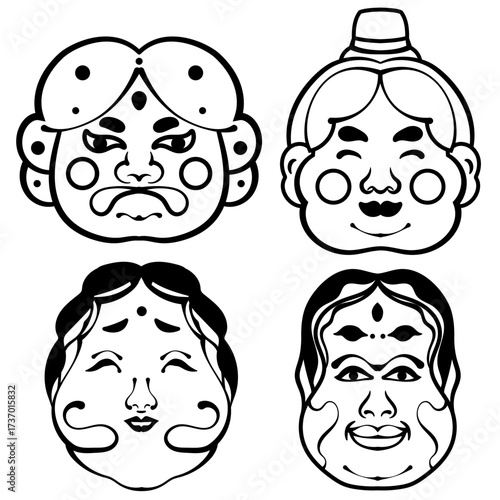hand drawn Japanese culture clean black and white outline perfect for a coloring book or cultural design projects. icons like Fuji, lucky cat, Onigiri, Taiyaki , Kokeshi doll, bell, and a tea bowl.