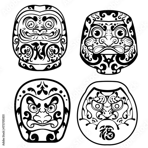 hand drawn Daruma angry japanese Yokai illustration. Japanese culture clean black and white outline perfect for a coloring book or cultural design projects.