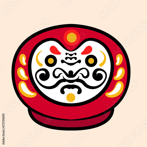 Japanase Daruma Doll with cheerful expression, bold eyebrows, yellow decorative patterns, red dot on forehead and expressive face, symbolizing perseverance and good luck in Japan culture