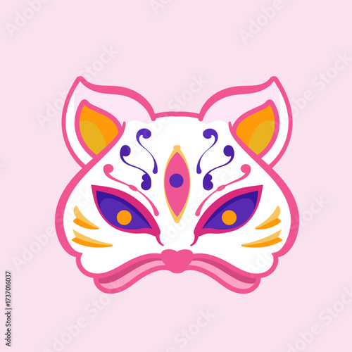 Traditional japanese kitsune cat mask isolated on background. Flat cute cartoon style kitsune mask in simple minimal style