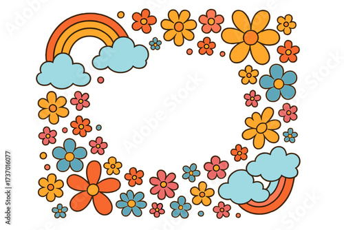 Groovy retro frame with colorful flowers, rainbows, and clouds. Magical 70s hippie style border with copy space for text. Vector illustration for card, banner, or birthday.