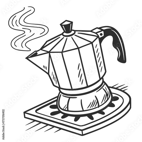 A classic black and white illustration of a moka pot brewing coffee on a stove with steam rising