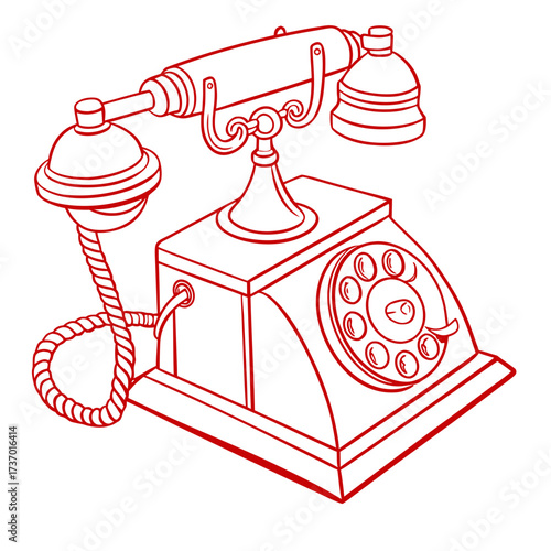 A classic red line art illustration of an antique rotary dial telephone with a handset and coiled cord on a white background