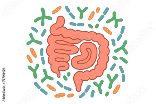 Human microbiome and gut health concept. Abstract intestines with healthy bacteria pattern. Gastroenterology, digestion, probiotics, bifidobacterium, lactobacilli vector illustration.