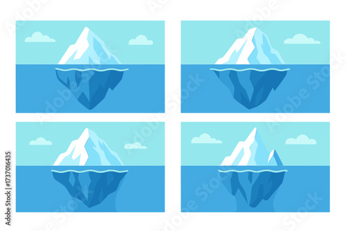 Iceberg model metaphor for business and psychology. Tip of the iceberg showing the hidden part underwater. Unconscious, theory, or problem concept. Flat vector illustration set.