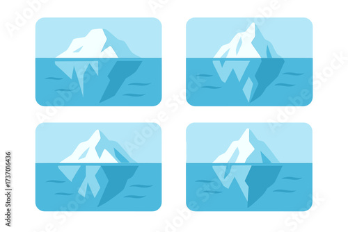 Iceberg principle vector icon set. Visible tip and hidden underwater part. Metaphor for business, psychology, success, and problems. Flat cartoon illustration collection.