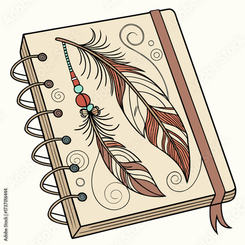 A closed notebook with a feather charm and beads attached to the spiral binding decorated with swirling lines and circles