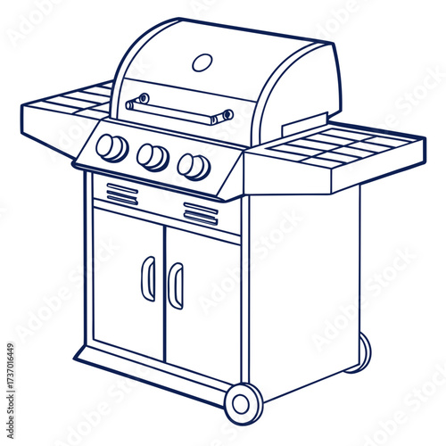 A clean line drawing illustration of a modern gas grill with side shelves and a storage cabinet on wheels