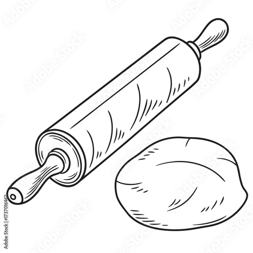A hand drawn illustration of a wooden rolling pin next to a ball of dough on a white background