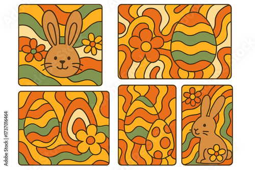 Groovy Easter sticker collection. Retro 70s psychedelic vector set with cute bunnies, eggs, and flowers. Vintage hippie aesthetic with abstract wavy patterns. Spring holiday art.