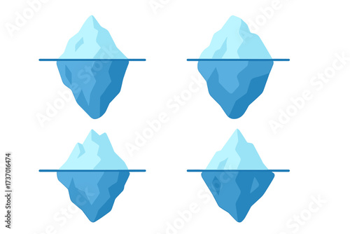 Iceberg model metaphor for psychology and business success. Tip of the iceberg concept. Hidden danger and visible part. Conscious and subconscious mind. Underwater and above water set.