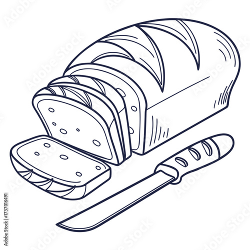 A hand drawn line art illustration of a sliced loaf of bread with a knife on a white background