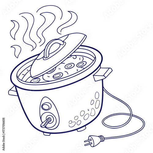 A simple line drawing of a steaming slow cooker with its lid slightly ajar revealing food inside ready for cooking