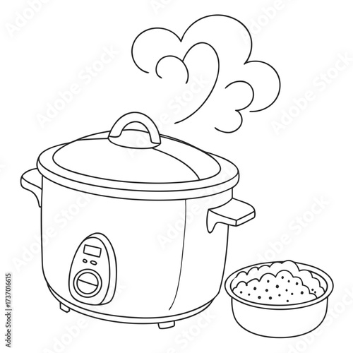 A simple line drawing of a steaming slow cooker next to a bowl of cooked rice perfect for recipe illustrations and food blogs