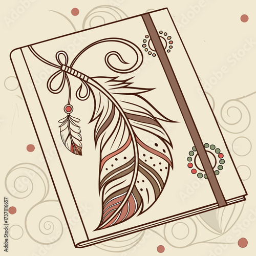Bohemian style notebook cover design with a large ornate feather and decorative elements in earthy tones