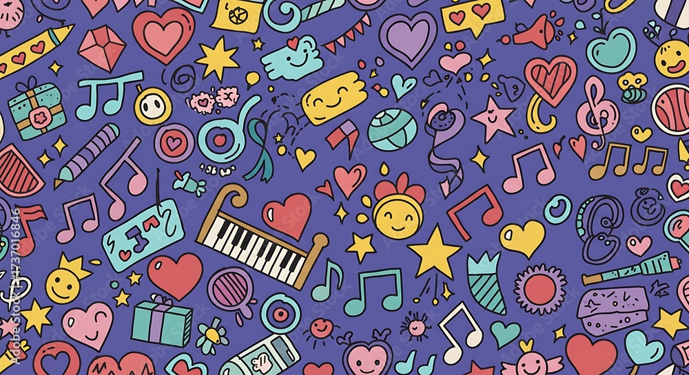 Naklejka premium Playful and Vibrant Doodle Pattern Featuring Music Notes Hearts and Smiles for Creative Backgrounds