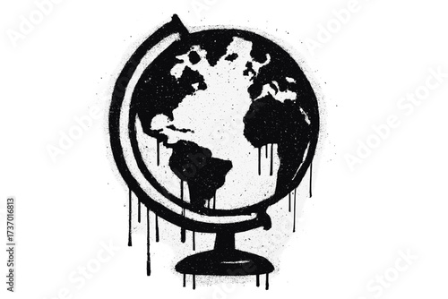 Globe spray paint stencil icon. Black and white grunge world map with drips. Urban graffiti art style. Vector for education, geography, travel, climate change, or social issues.