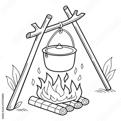 Line art illustration of a campfire with a pot hanging over the flames on a tripod made of sticks surrounded by leaves