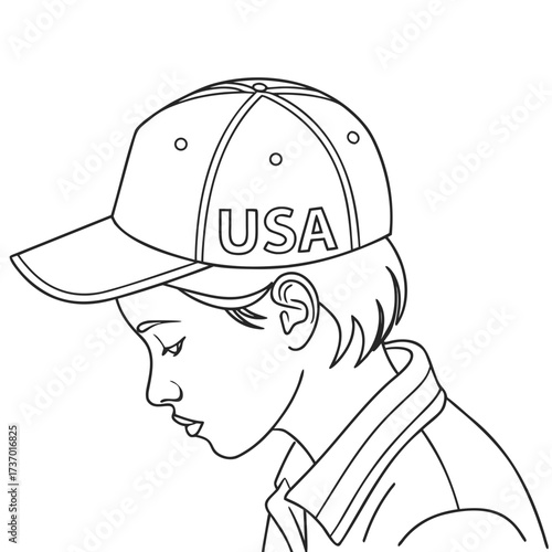 Line art illustration of a young person wearing a baseball cap with usa written on it looking down thoughtfully
