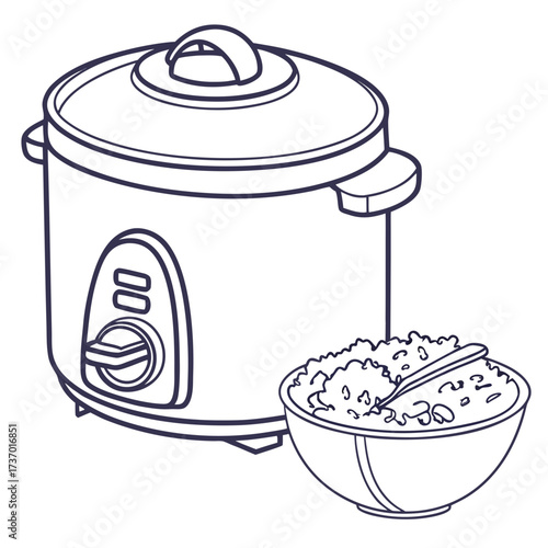 Line art illustration of an electric rice cooker with a bowl of cooked rice and a spoon