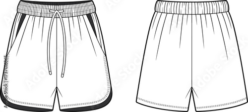 Flat vector athletic shorts template, fashion technical drawing, sportswear design, front view, editable outline, apparel mockup, clothing pattern illustration
