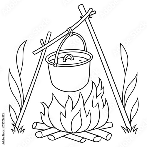 Simple black and white line drawing of a campfire with a pot hanging over the flames on a tripod made of sticks surrounded by grass