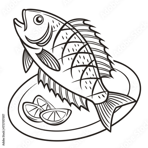 Stylized black and white illustration of a whole cooked fish served on a plate with lemon slices perfect for culinary art and design