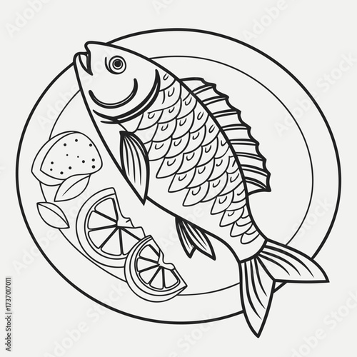 Stylized black and white illustration of a whole fish served on a plate with lemon slices and herbs perfect for culinary themes