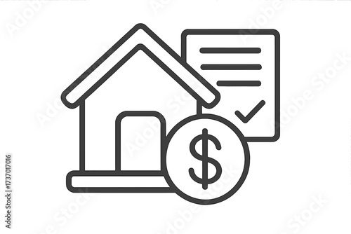 Mortgage loan icon. Real estate and home financing symbol. Property investment and house purchase agreement. Approved document and dollar sign. Vector line art illustration.