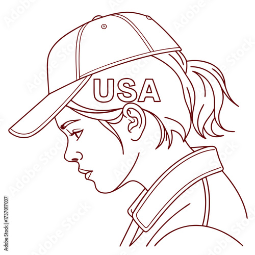 Stylized line art drawing of a young woman wearing a baseball cap with usa emblazoned on it looking downwards with a thoughtful expression