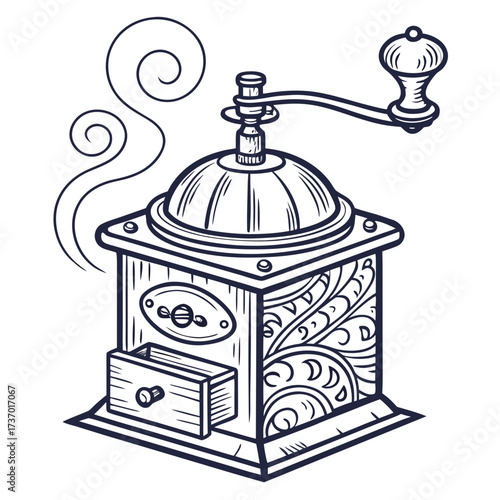 Vintage manual coffee grinder with ornate details and steam rising hand drawn illustration in black and white