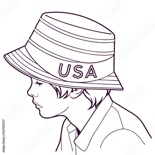 Stylized outline drawing of a person wearing a bucket hat with usa written on it profile view with a clean white background