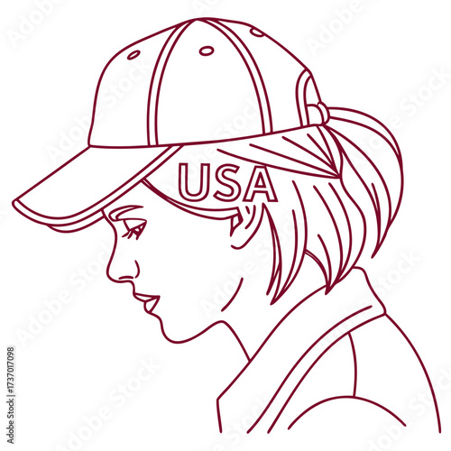 Stylized outline drawing of a young woman wearing a baseball cap with usa text representing american identity and youth culture