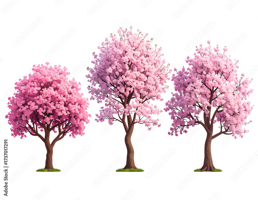 Obraz premium Three cherry blossom trees in a row