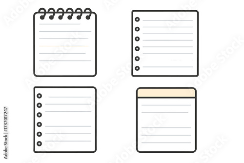 Notebook paper icon set. Lined notepad and memo page templates. Vector cartoon illustration of a spiral notebook, binder paper sheets, and sticky notes for school or office.