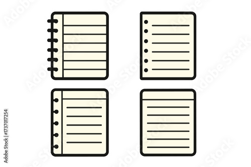 Notebook paper icon set. Lined notepad and memo page vector illustrations. Spiral bound diary, planner sheet, and loose leaf paper for notes or lists. Office supply template.