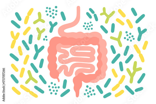 Human microbiome concept. Intestines and gut flora. Probiotics, prebiotics, bifidobacterium, lactobacilli, lactic acid bacteria pattern. Gastroenterology vector illustration.