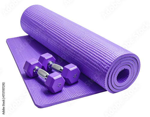 Purple exercise mat and dumbbells